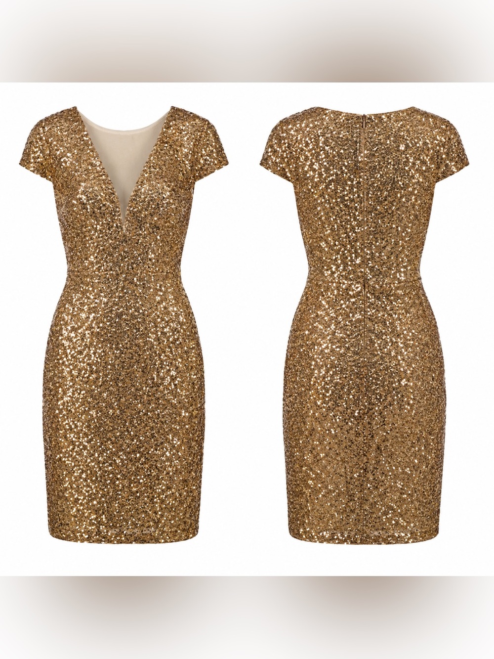 Bisou Bisou blush Gold Sequin Plunge Cap Sleeve Mini Dress